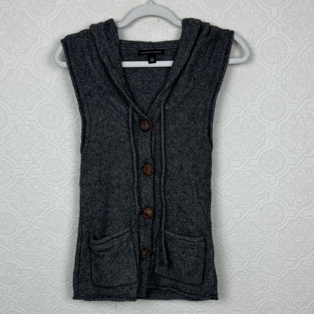 Banana Republic Sleeveless Vest Wool Blend Hooded Sweater XS Gray Button Front - Picture 2 of 7